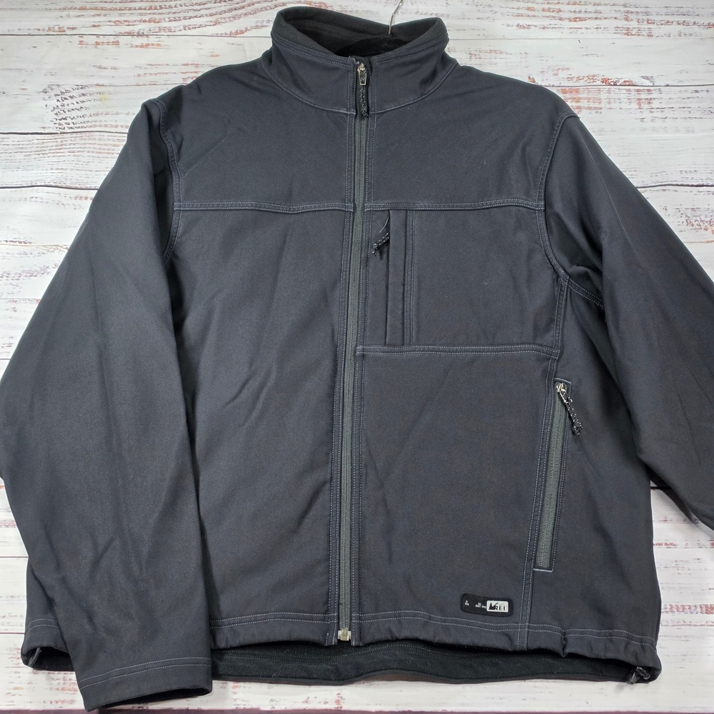 REI Softshell Jacket Mens XL Gray Excellent Fleece Lined Full Zip Hiking Outdoor